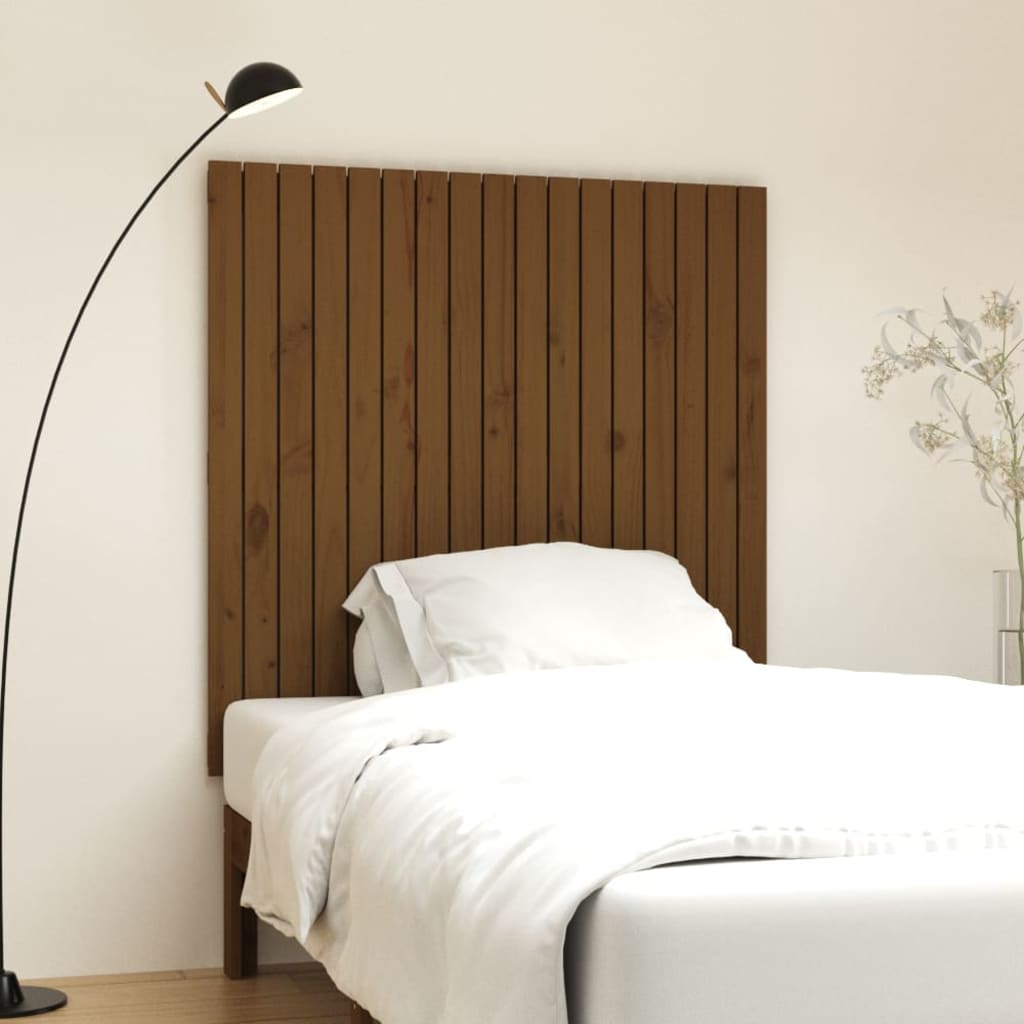 vidaXL Wall Headboard Honey Brown Solid Wood Pine mounted behind a bed in a bedroom setting