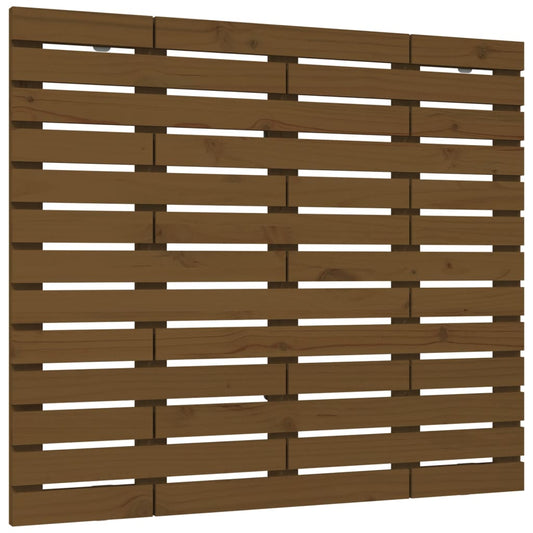 The honey brown wooden slatted wall headboard shown from the front