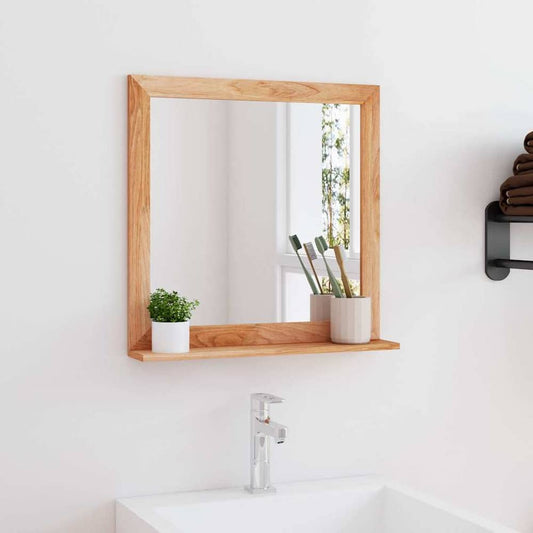 vidaXL Wall Mirror Solid Wood Walnut mounted above a bathroom sink with accessories on the shelf