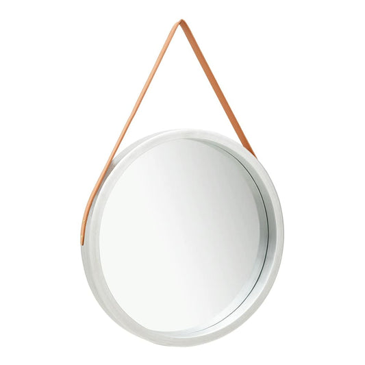 A round mirror with a silver frame and a tan leather hanging strap, shown from a slight angle