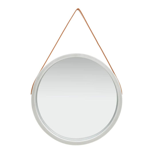 Wall Mirror with Strap 60 cm Silver, a round mirror with a silver frame and a tan leather hanging strap