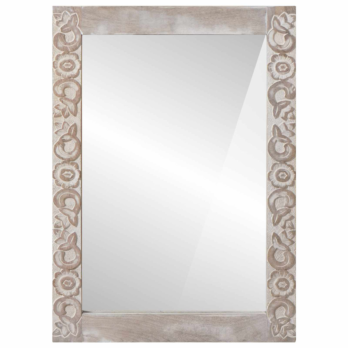 Rectangular wall mirror with a white distressed carved frame showing floral patterns