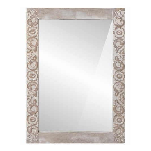 Rectangular wall mirror with a white distressed carved frame showing floral patterns