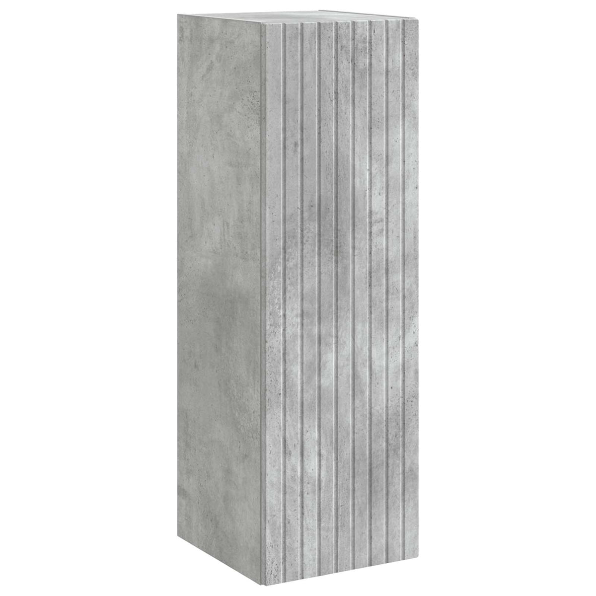 Close-up of the concrete grey wall-mounted bathroom cabinet with vertical grooves