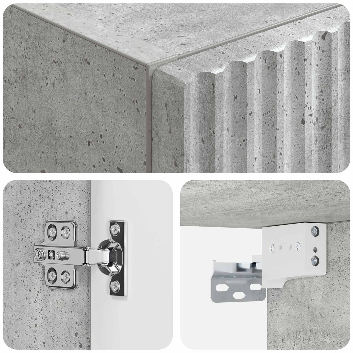 Close-up details of the bathroom vanity unit hinges and mounting hardware