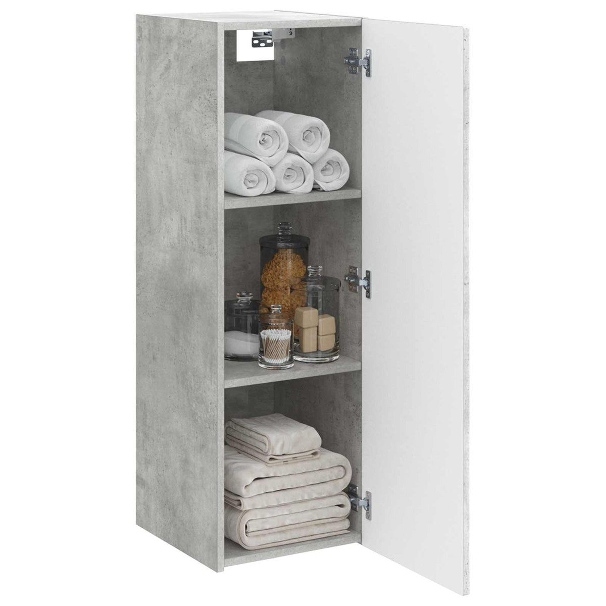 Open wall-mounted bathroom cabinet showing shelves with folded towels and jars