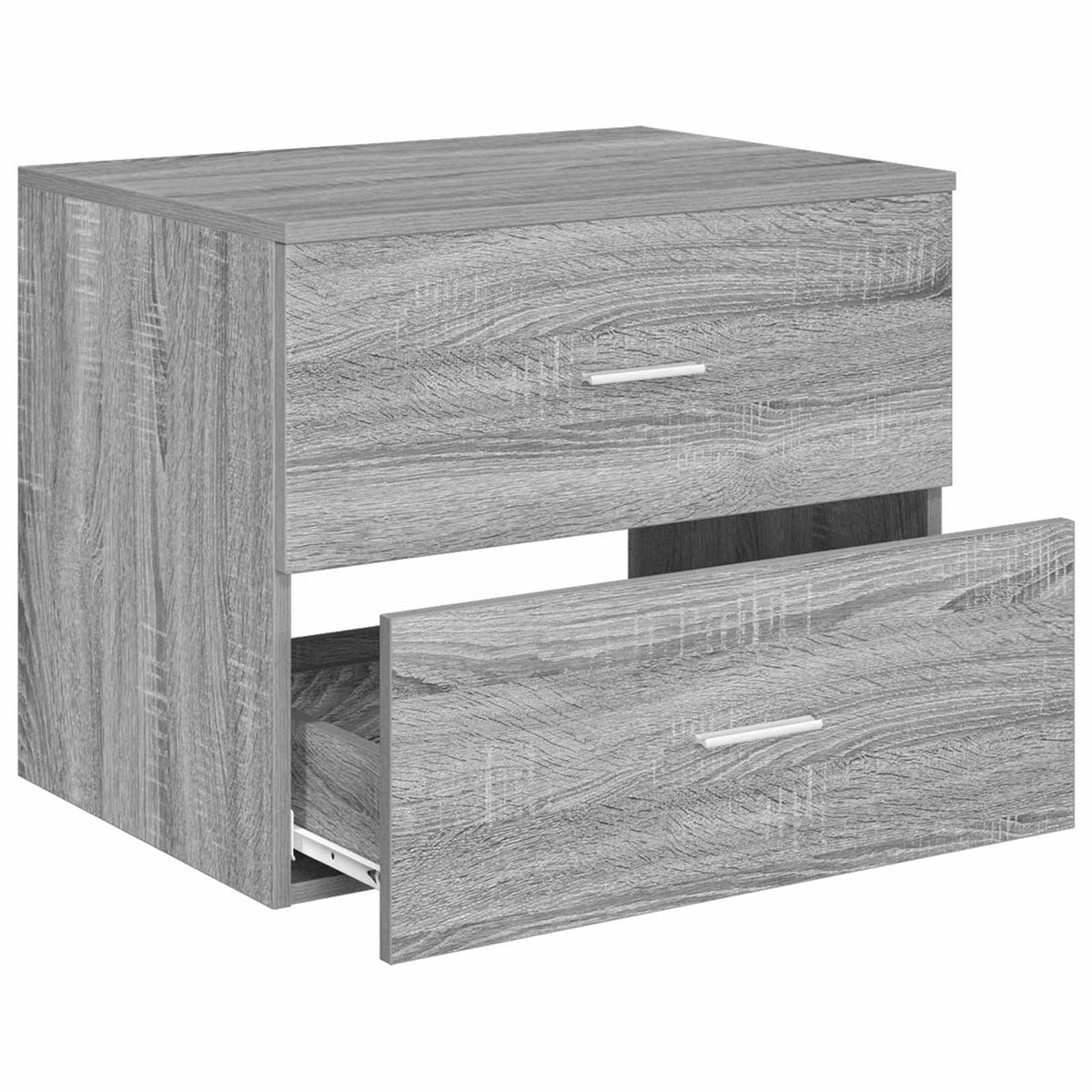 Wall-mounted bathroom cabinet with one drawer open showing the inside