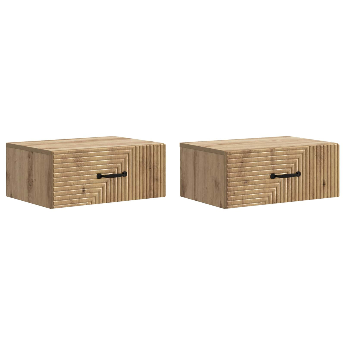 Two wall-mounted bedside cabinets with grooved fronts and black handles