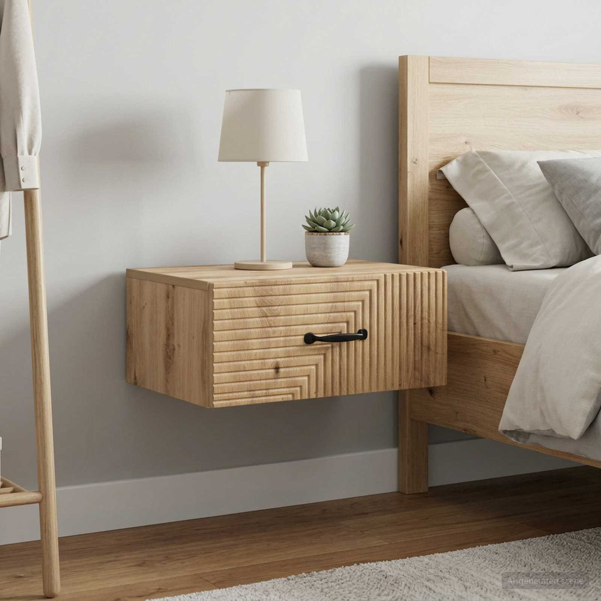 A wall-mounted bedside cabinet with a grooved front and black handle, next to a bed