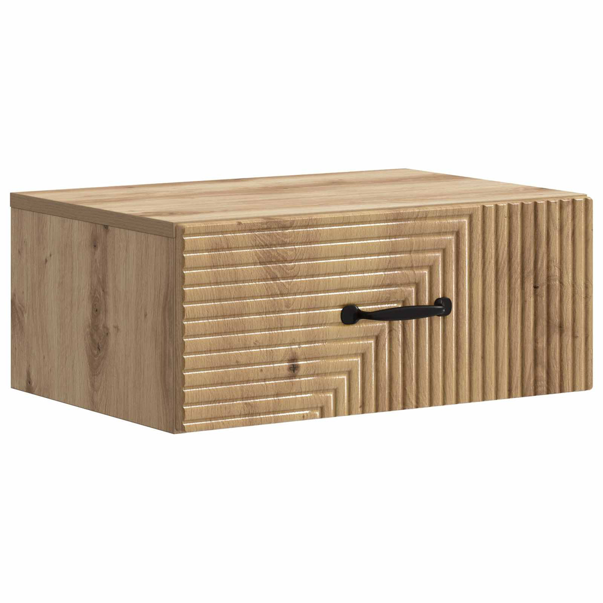 A single wall-mounted bedside cabinet with a grooved front and black handle, shown from the side