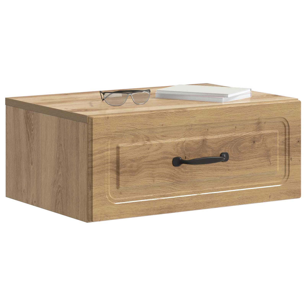 A single wall-mounted bedside cabinet with a book and glasses on top