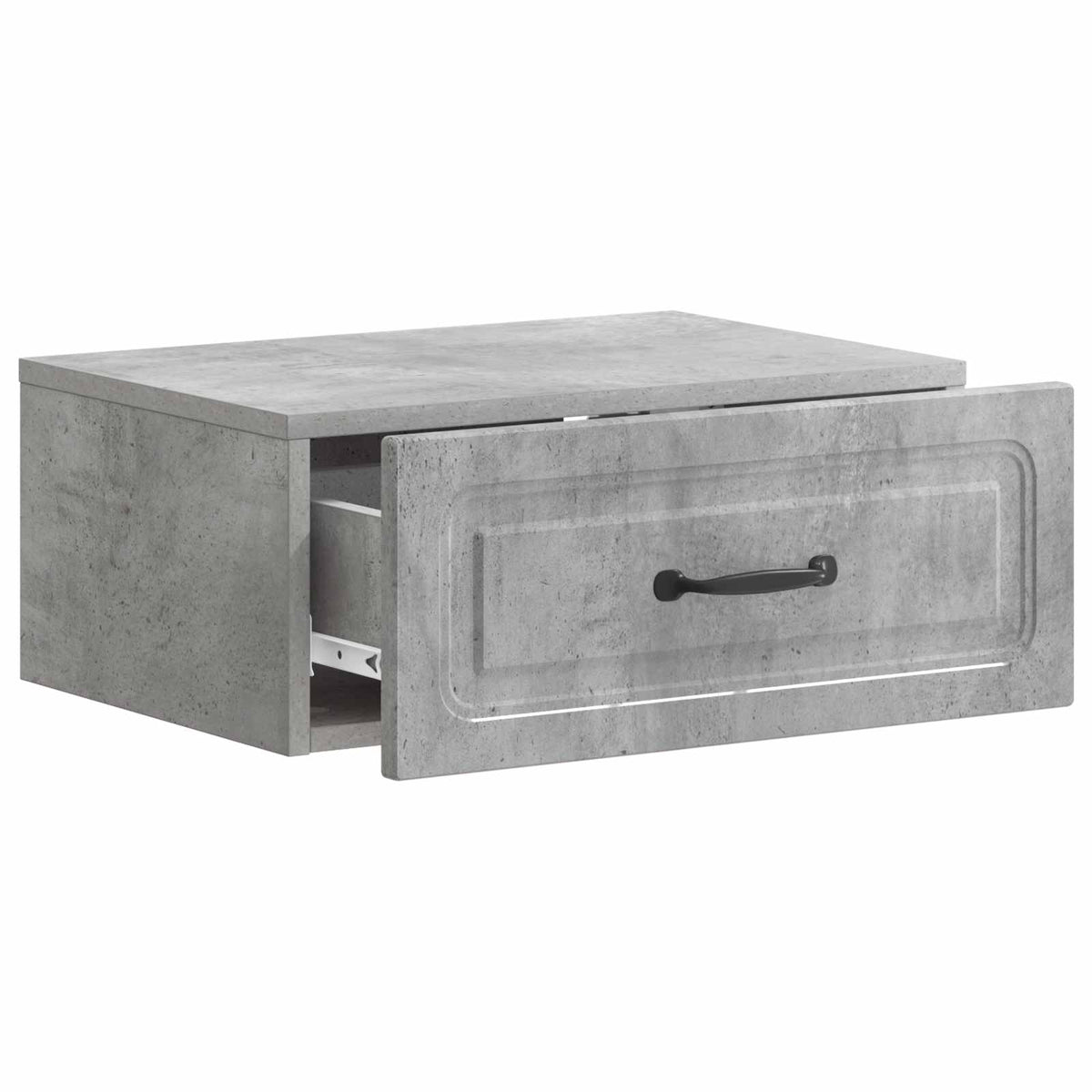The bedside table with the drawer pulled out to show the internal storage space