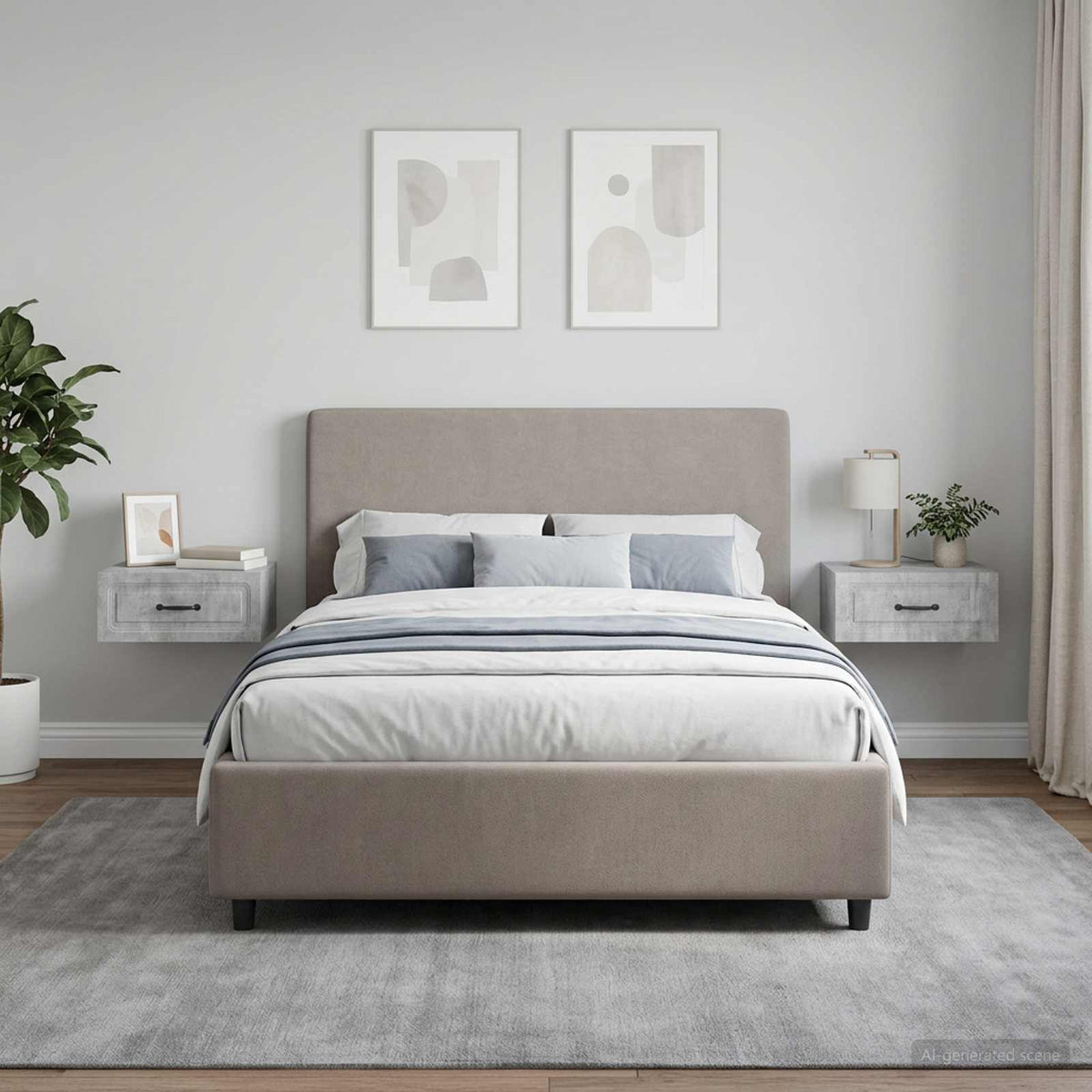 The bedside tables mounted on either side of a double bed in a modern bedroom setting