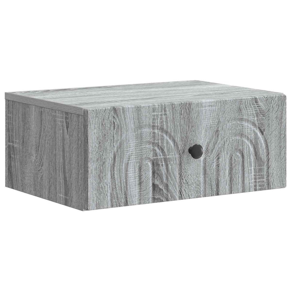 The bedside table featuring a textured grey finish and a single black knob