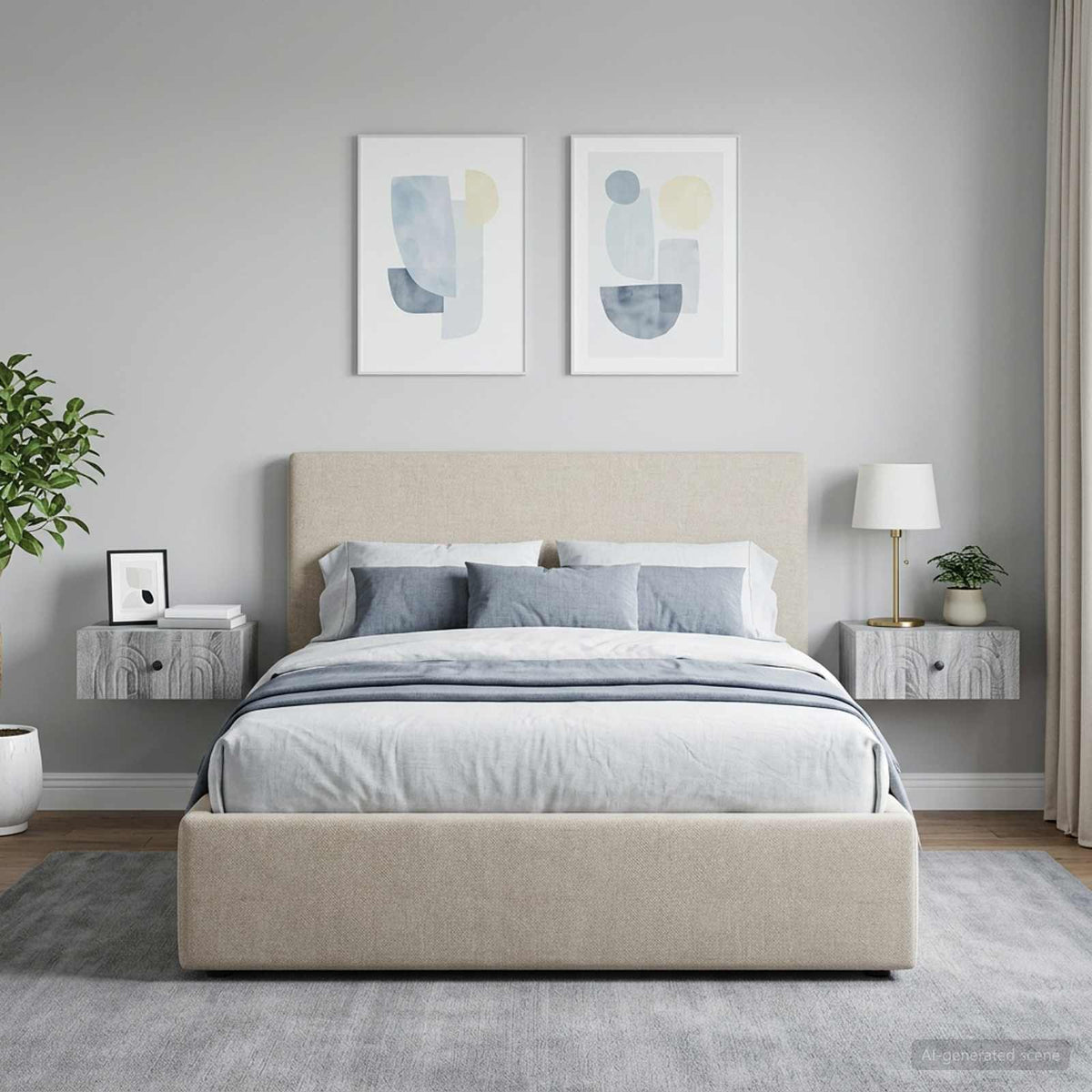 vidaXL Wall-Mounted Bedside Cabinet 2 pcs Grey Sonoma shown in a modern bedroom setting