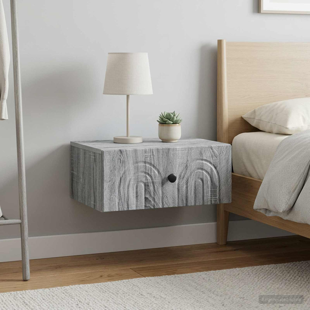 The bedside table mounted to the wall next to a bed with a lamp on top