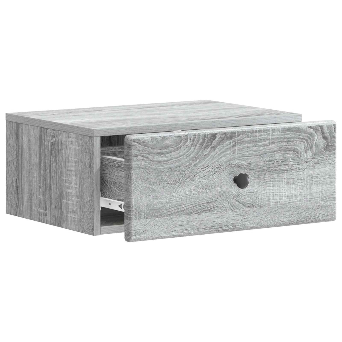 A grey wall-mounted bedside cabinet with the drawer pulled open