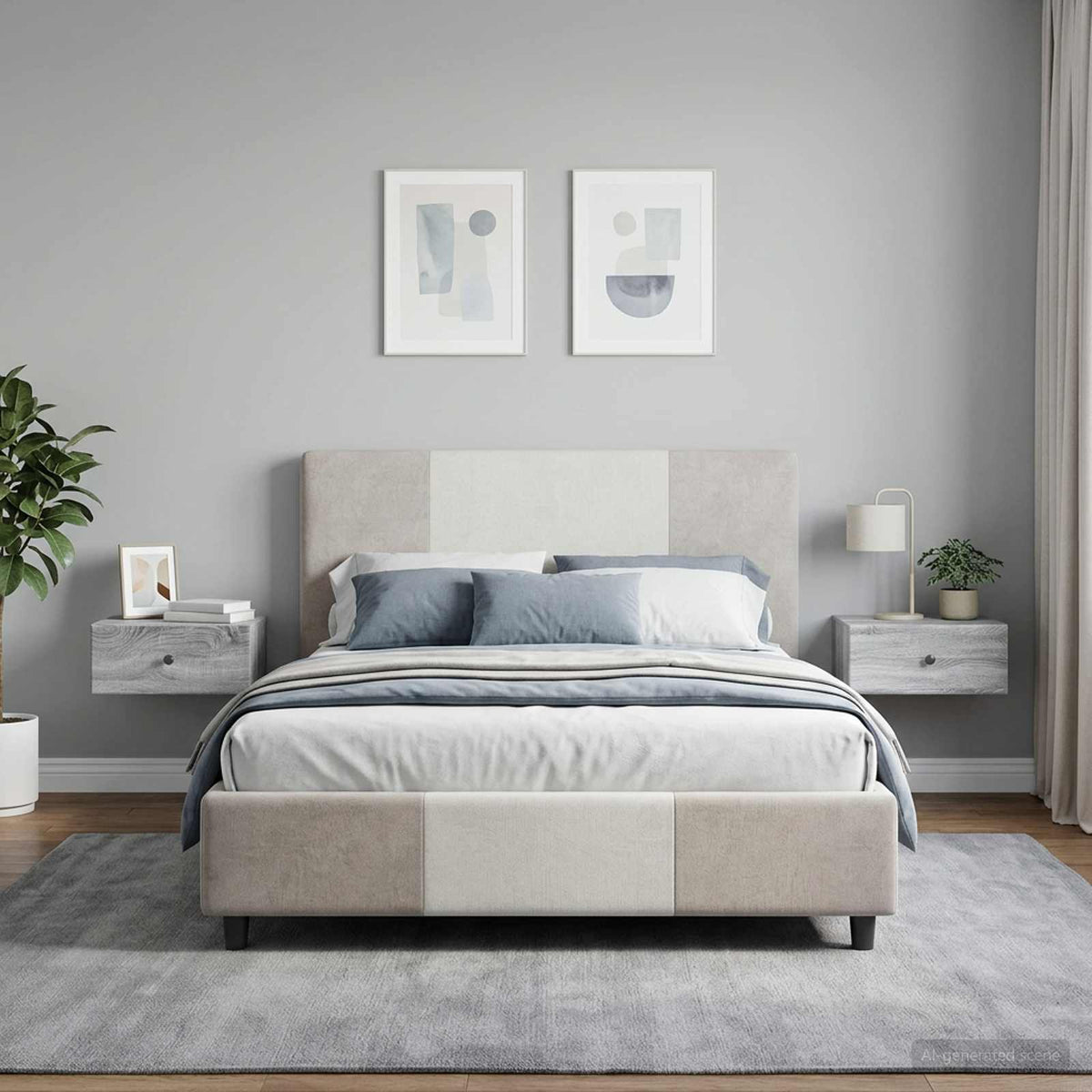 A bedroom scene showing a bed with two wall-mounted bedside cabinets on either side