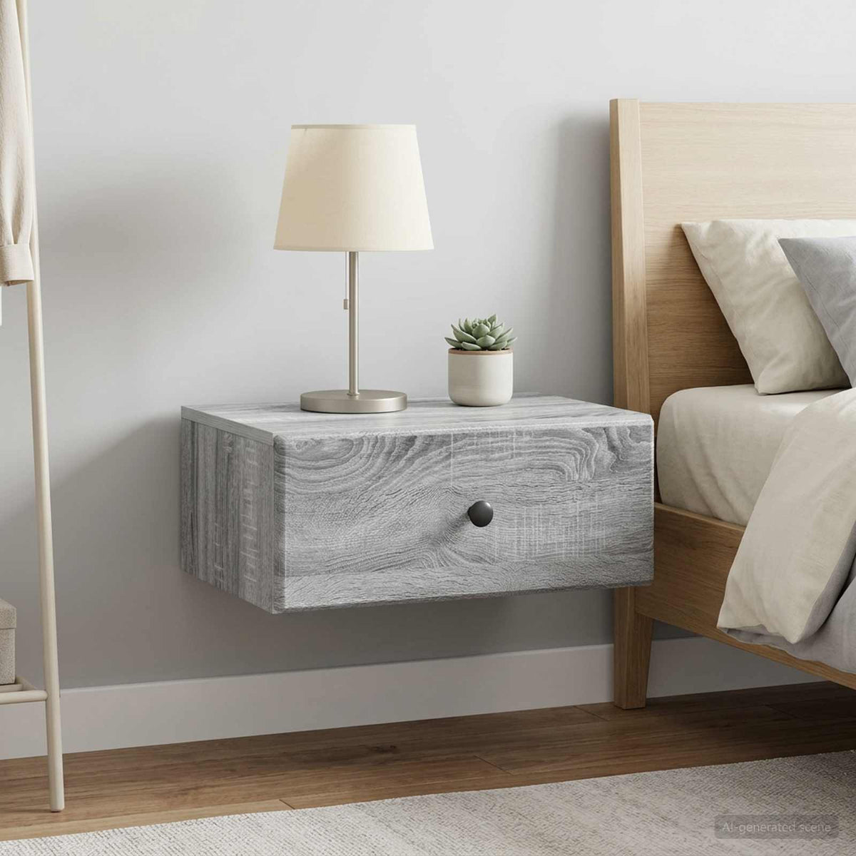 vidaXL Wall-Mounted Bedside Cabinet 2 pcs Grey Sonoma mounted on a wall next to a bed