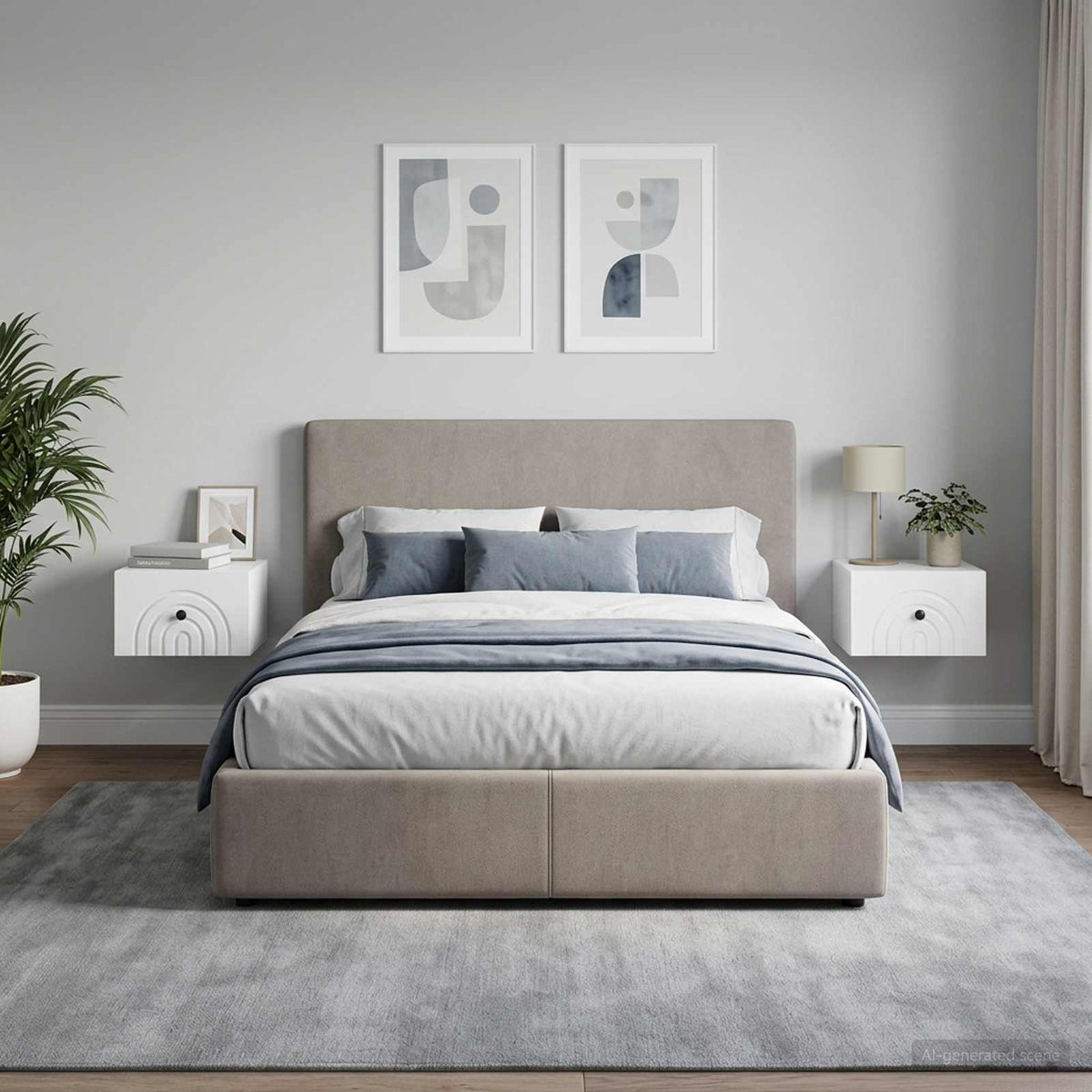 vidaXL Wall-Mounted Bedside Cabinet 2 pcs High Gloss White shown in a bedroom setting