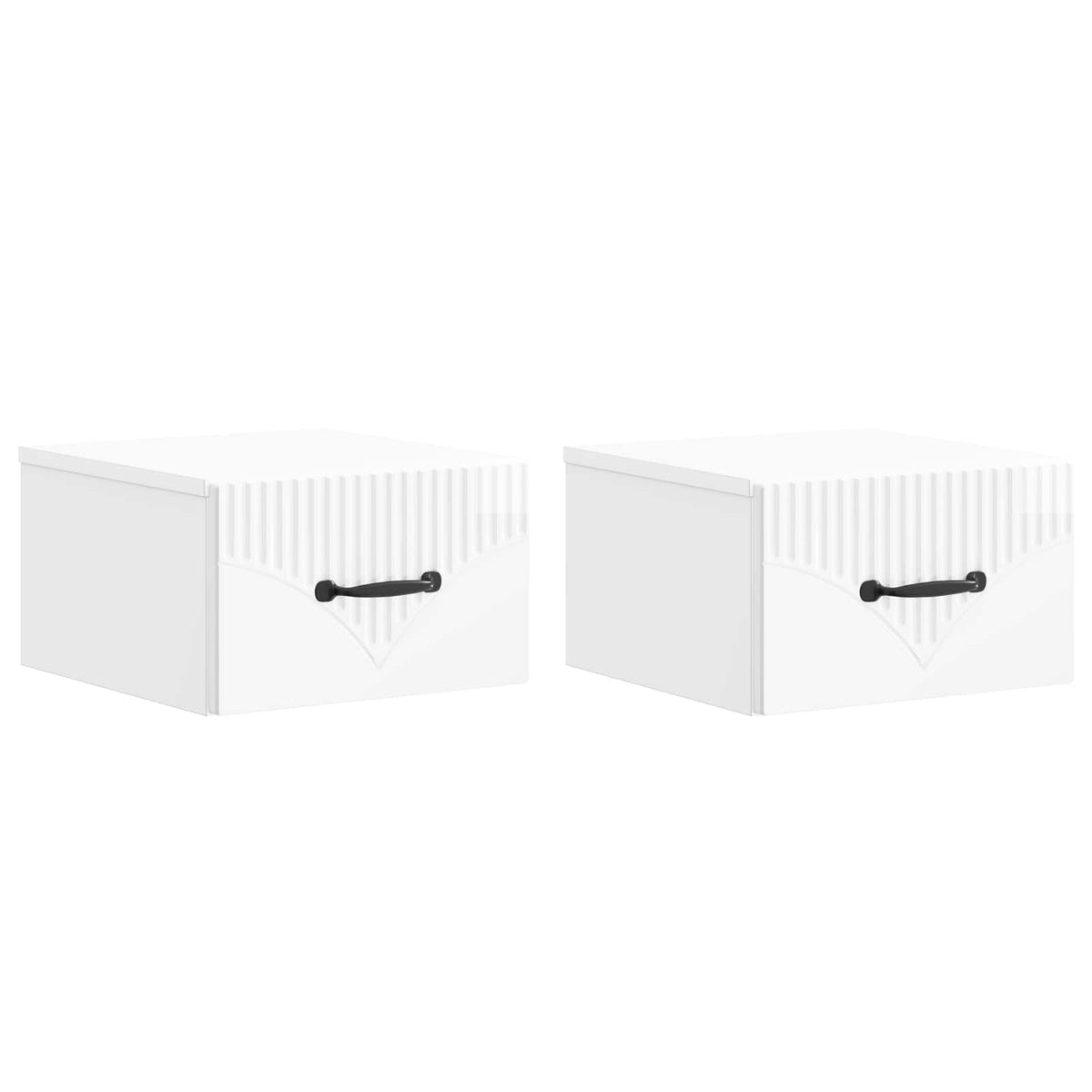 Two white bedside cabinets with ribbed front detail and black handles