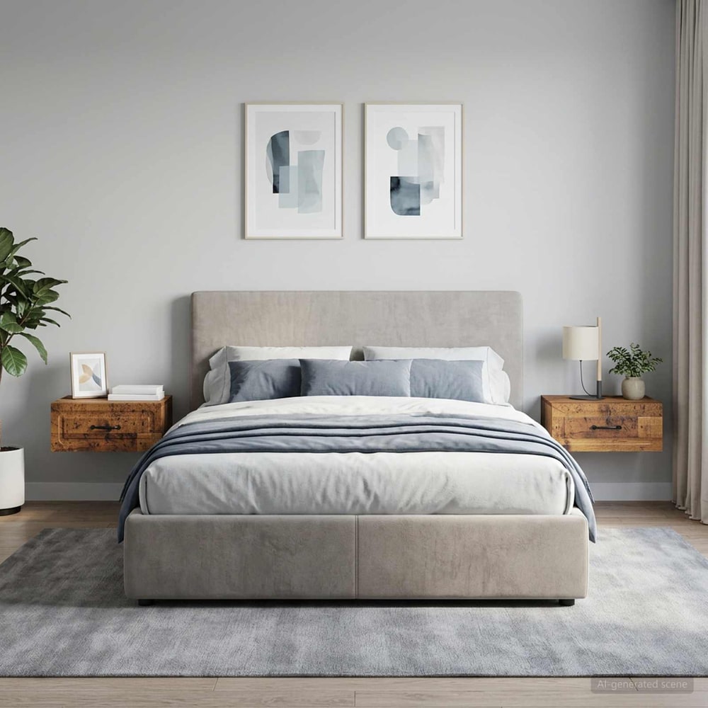 Two wall-mounted bedside cabinets in a bedroom setting flanking a bed