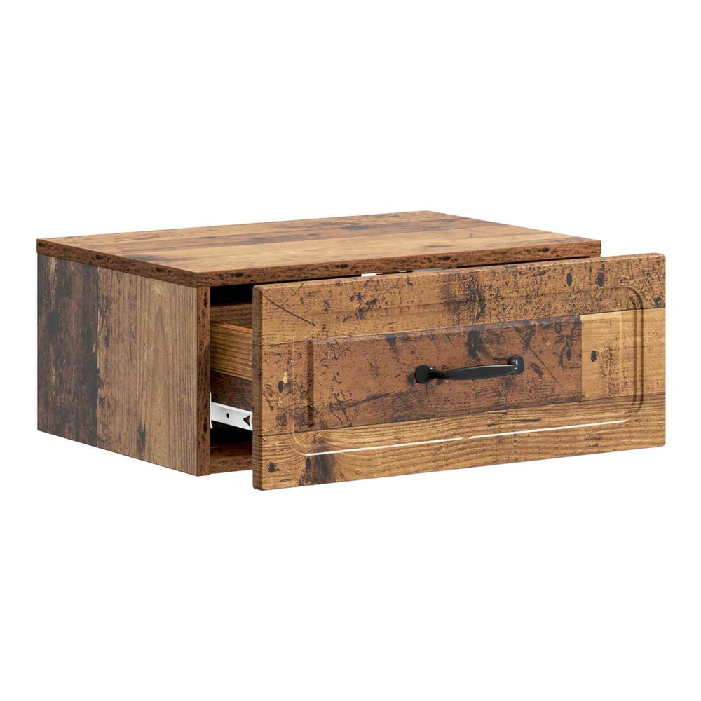 Wall-mounted bedside cabinet with the drawer pulled out to show the interior