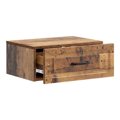 Wall-mounted bedside cabinet with the drawer pulled out to show the interior