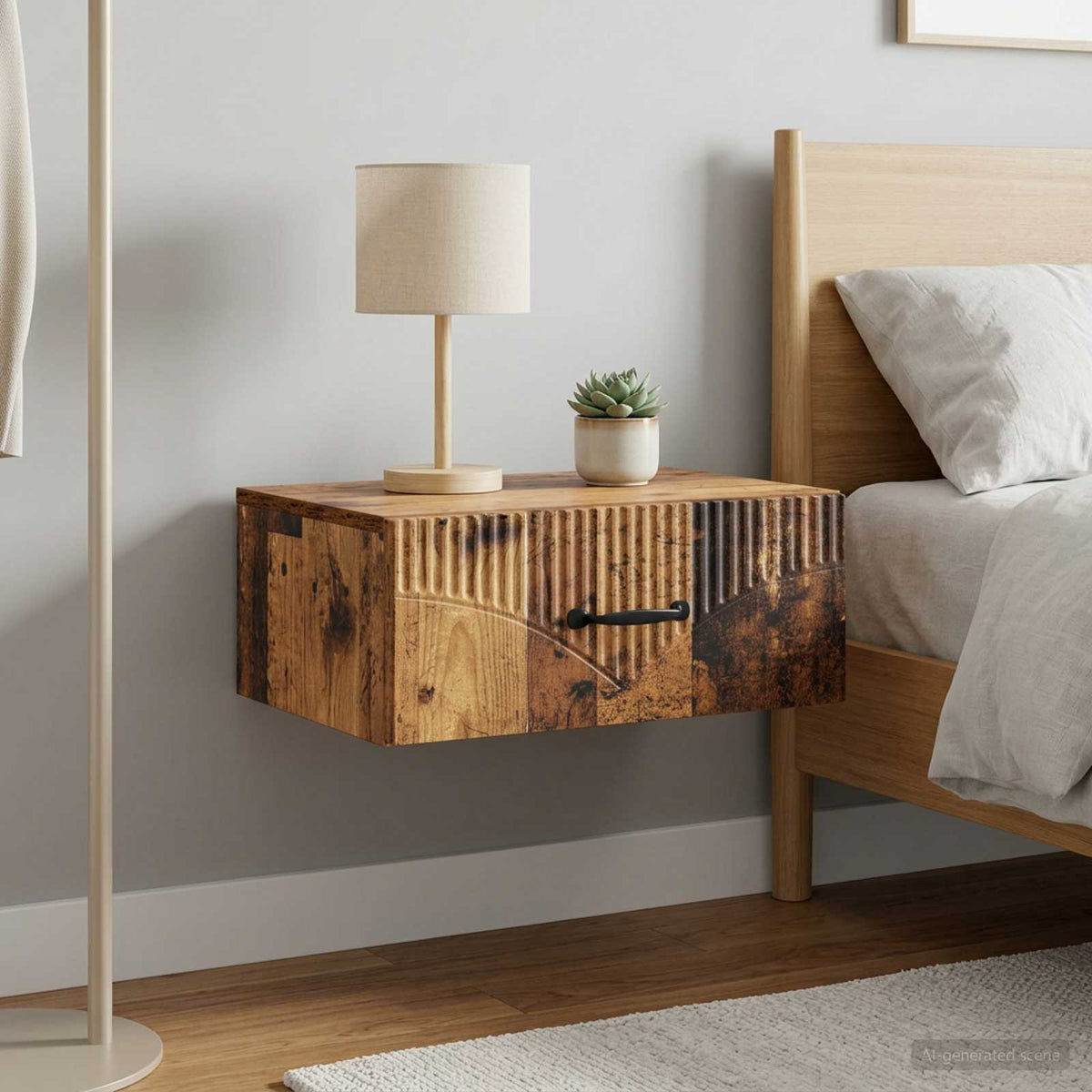 vidaXL Wall-Mounted Bedside Cabinet 2 pcs Old Wood showing the front and side of one cabinet