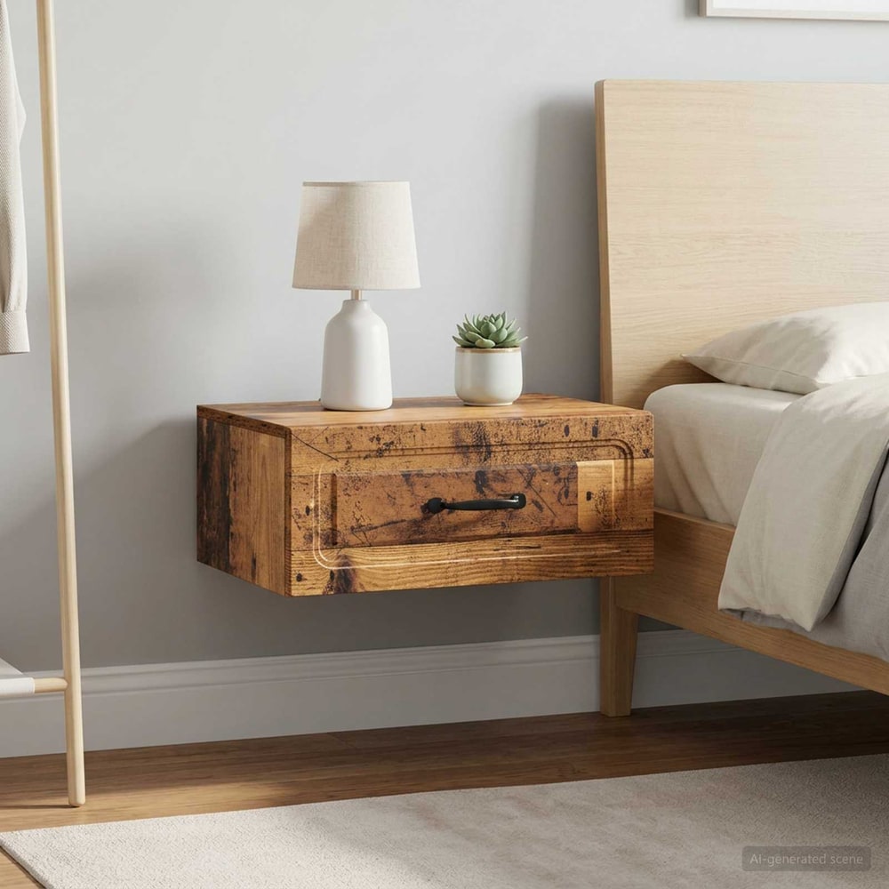 vidaXL Wall-Mounted Bedside Cabinet 2 pcs Old Wood showing one cabinet mounted on a wall next to a bed