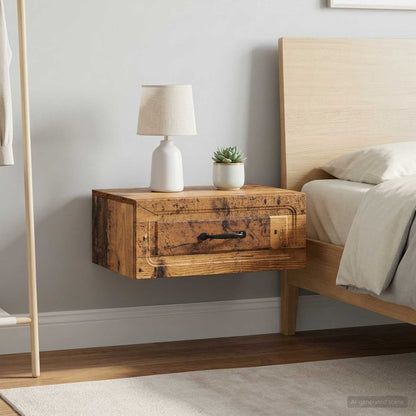 vidaXL Wall-Mounted Bedside Cabinet 2 pcs Old Wood showing one cabinet mounted on a wall next to a bed