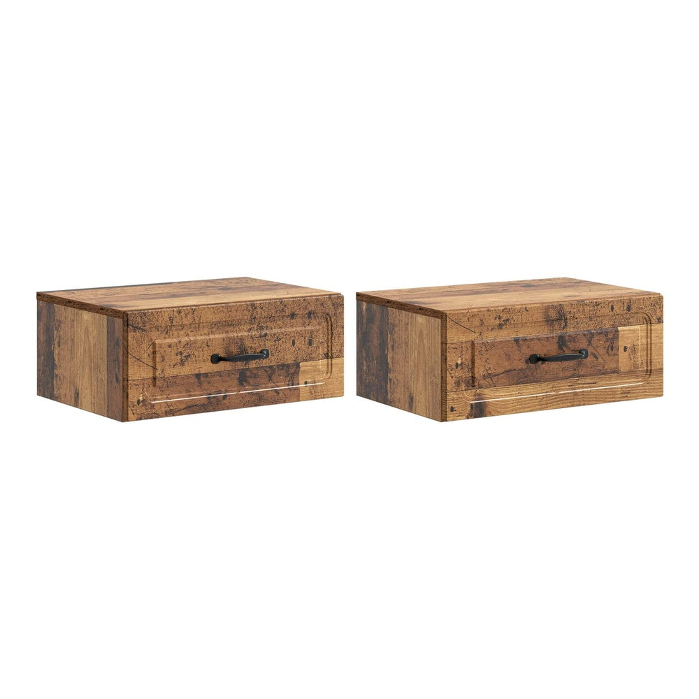 Two wall-mounted bedside cabinets with old wood effect finish and black handles