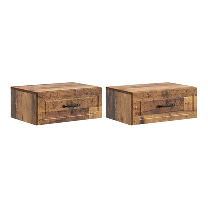 Two wall-mounted bedside cabinets with old wood effect finish and black handles