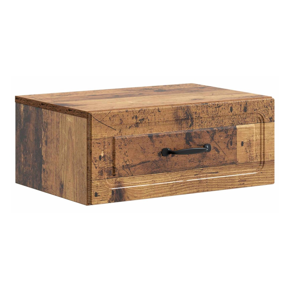 A single wall-mounted bedside cabinet with an old wood effect finish
