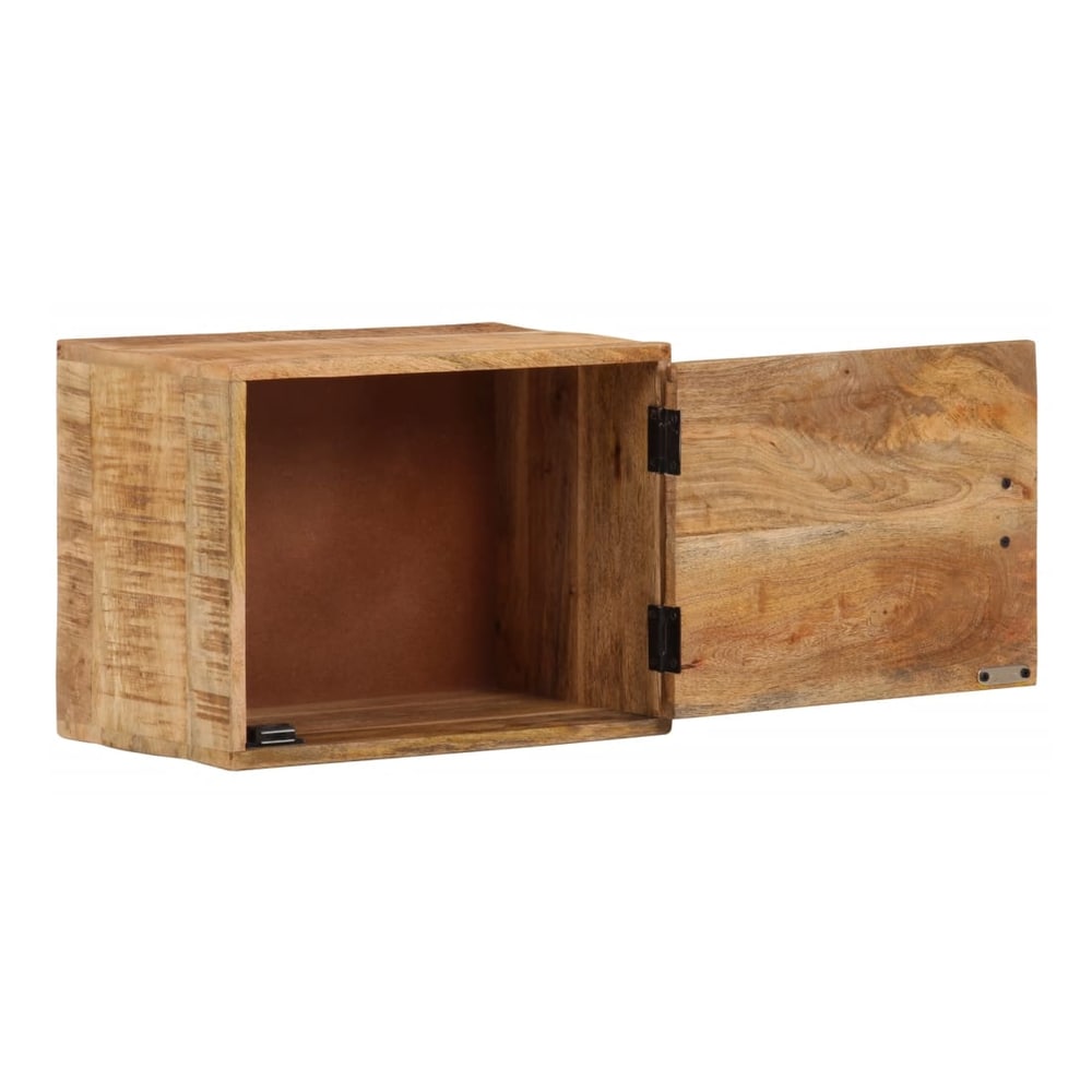 The open bedside table showing its empty interior and the inside of the door
