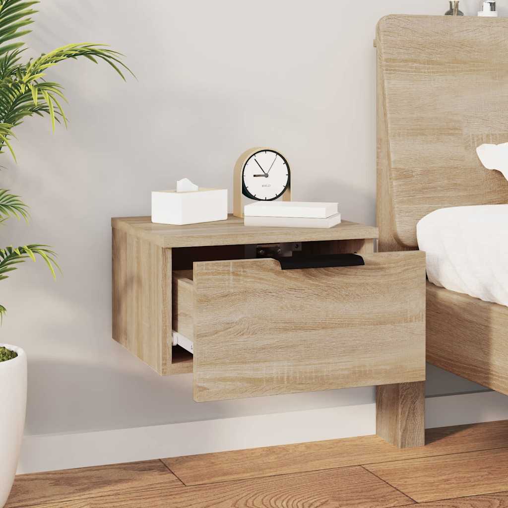 The bedside table with the drawer pulled open to reveal the storage space