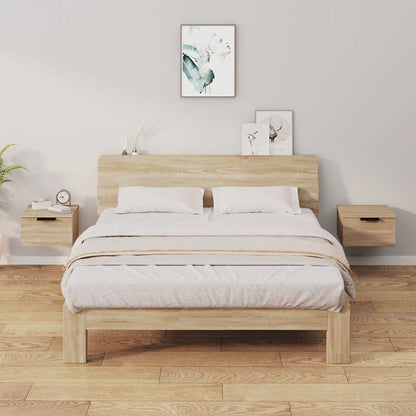 vidaXL Wall-mounted Bedside Cabinets 2 pcs Sonoma Oak mounted on a bedroom wall beside a bed