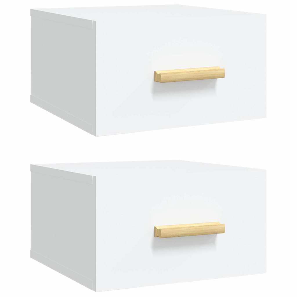 Two white bedside tables with wooden handles shown from a top angle