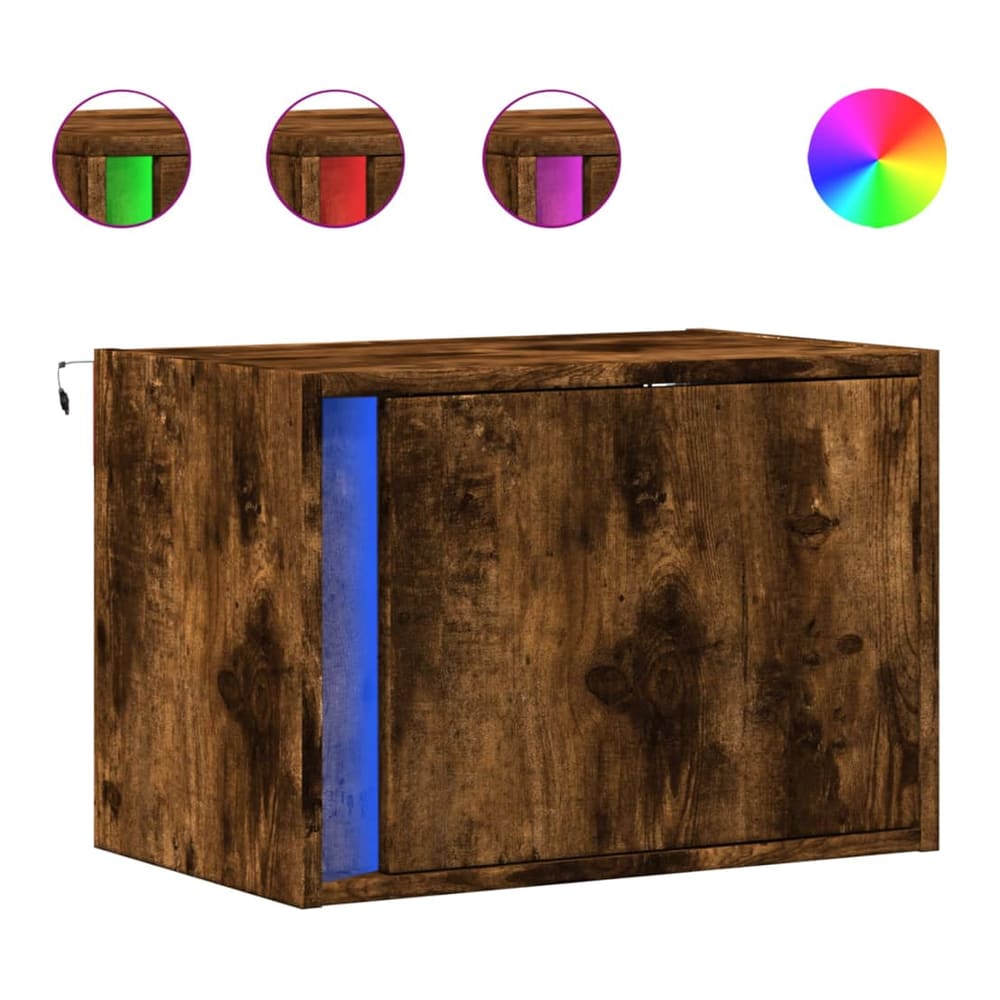Wall-mounted bedside cabinet with LED light showing colour options