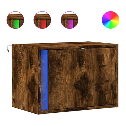 Wall-mounted bedside cabinet with LED light showing colour options