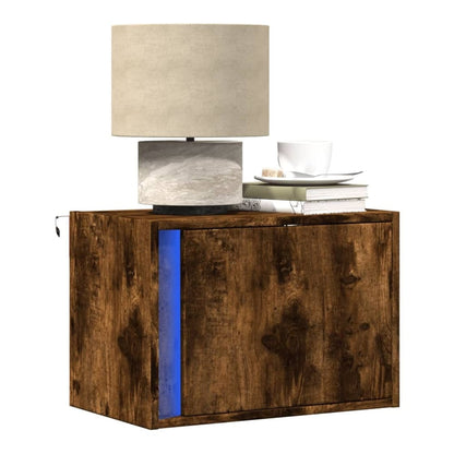 vidaXL Wall-mounted Bedside Cabinets with LED Lights 2 pcs Smoked Oak with a lamp and books on top