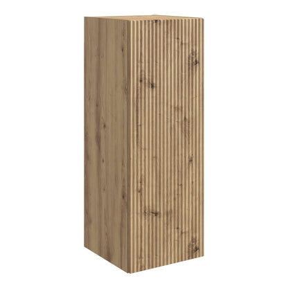 The tall storage cabinet has a fluted front and a wood grain effect finish