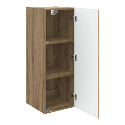 The wall-mounted cabinet with its door open showing two shelves inside