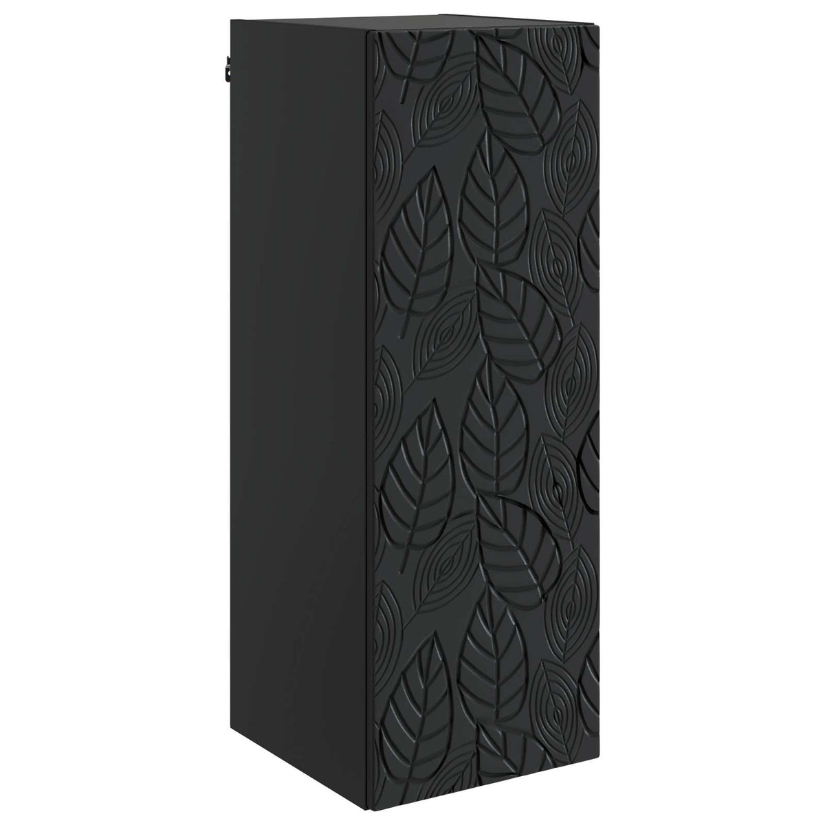 The wall cabinet featuring a black door with a textured leaf pattern seen from a side angle