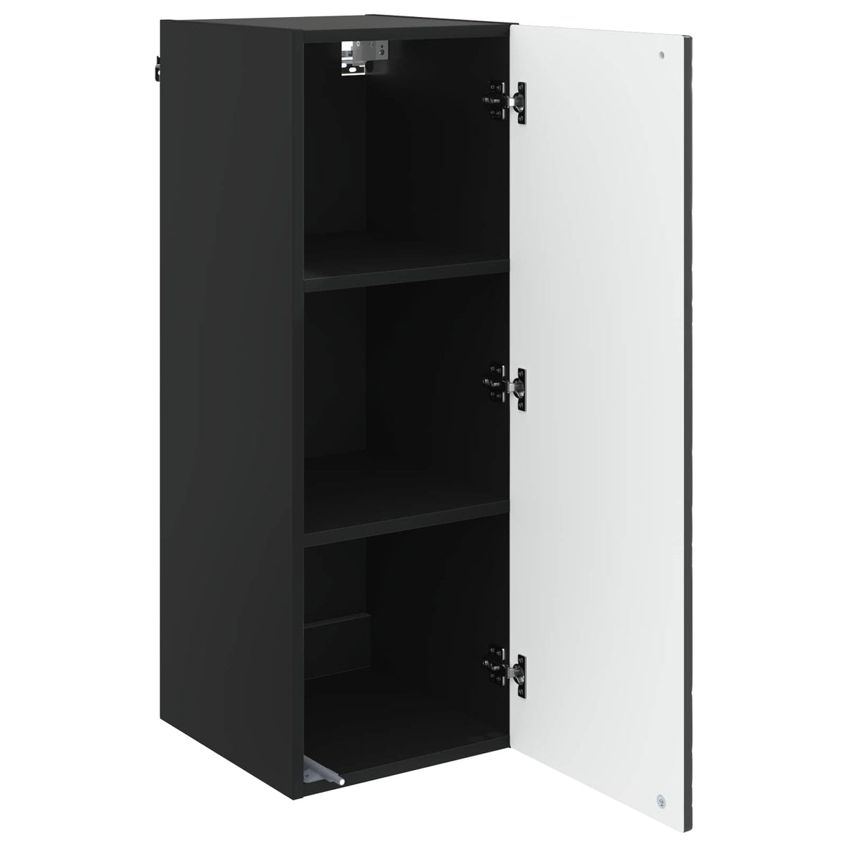 The storage cabinet with the door open revealing three internal shelves and metal hinges