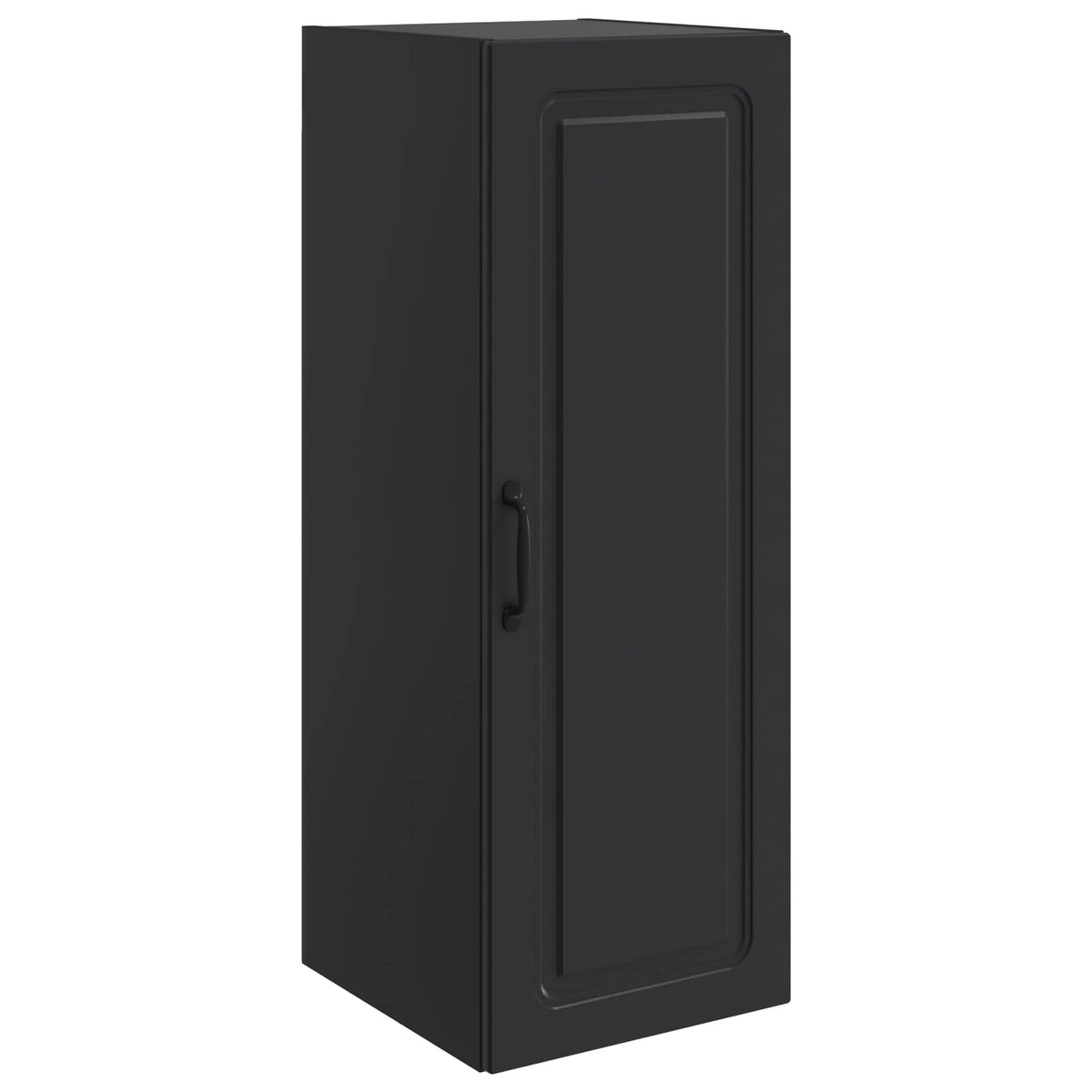 The black wall cabinet shown from a high angle with the door closed and handle visible