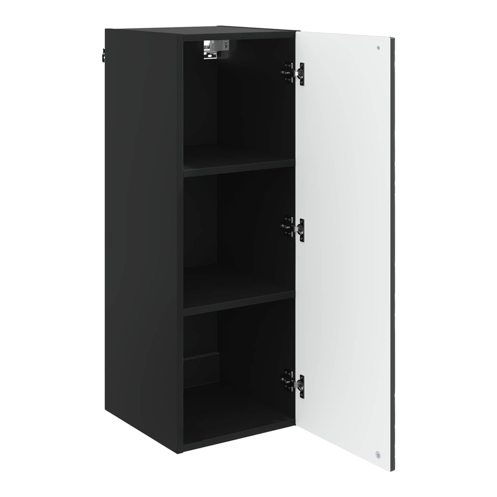 The black storage cabinet with its door open showing two shelves inside