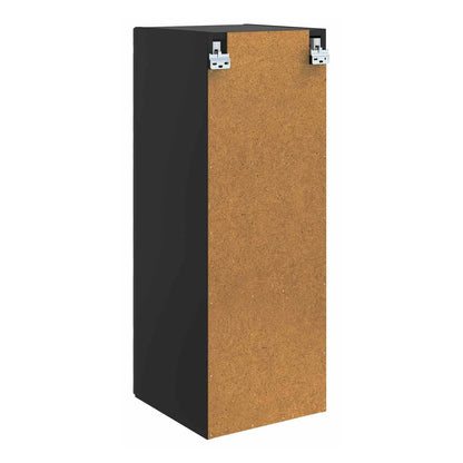 Rear view of the black storage cabinet showing mounting brackets