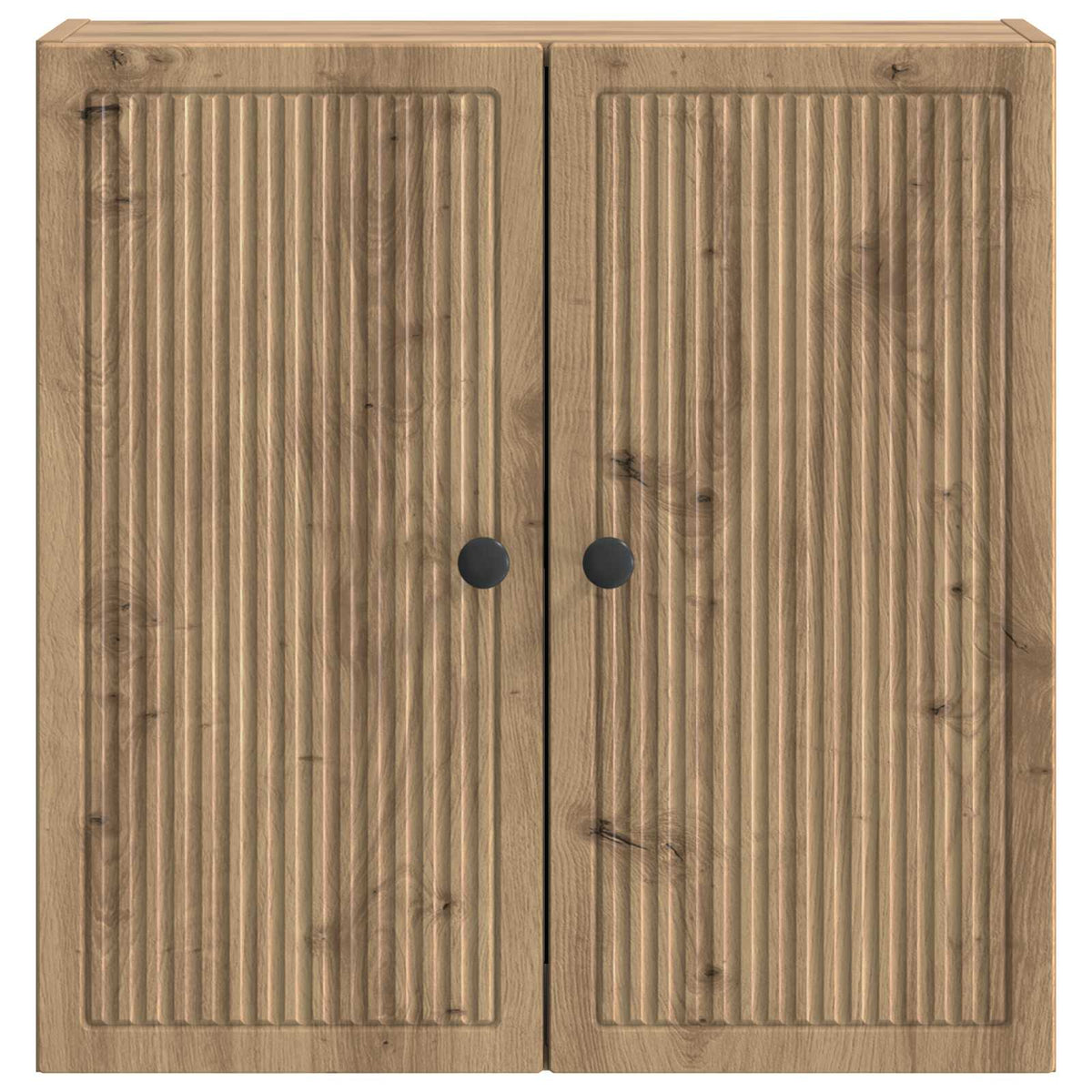 The wall cabinet with two closed doors featuring a vertical fluted pattern