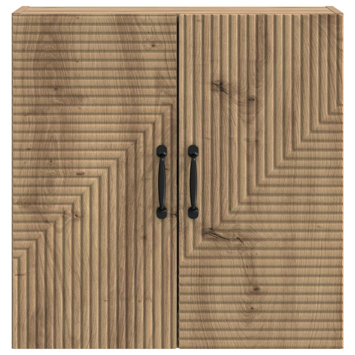 The wall cabinet featuring a geometric ribbed pattern on the front wooden doors